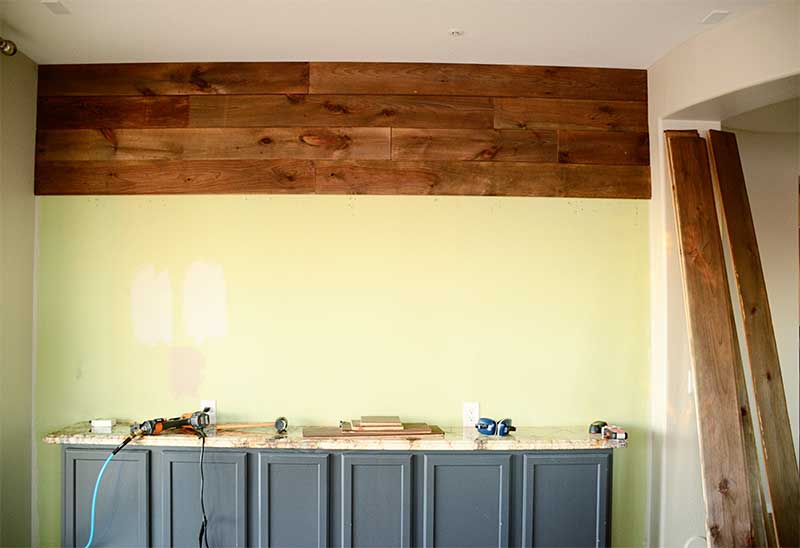 wood plank wall in progress